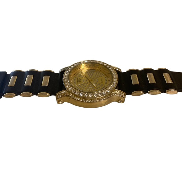 Techno Pave Men’s Gold Watch Rhinestone Black Silicone Watch - Picture 7 of 7